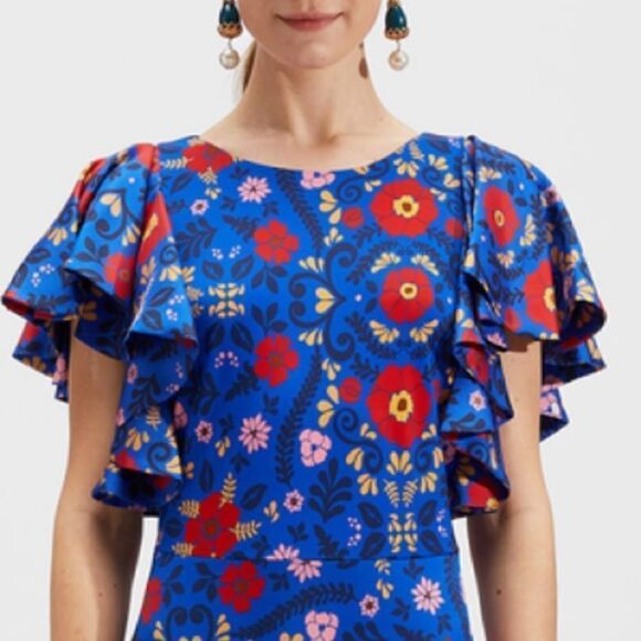 NWT LA Double J Damigella Dress Heckfield in Fluid Jersey Royal Blue Floral XL - Picture 3 of 15